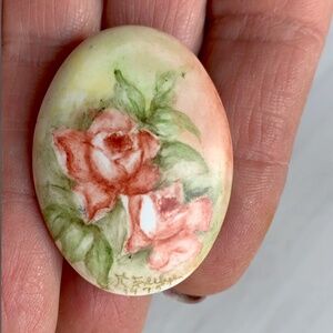 Vintage Porcelain Coral Rose Brooch Pin Signed Miniature Watercolor Painting '75